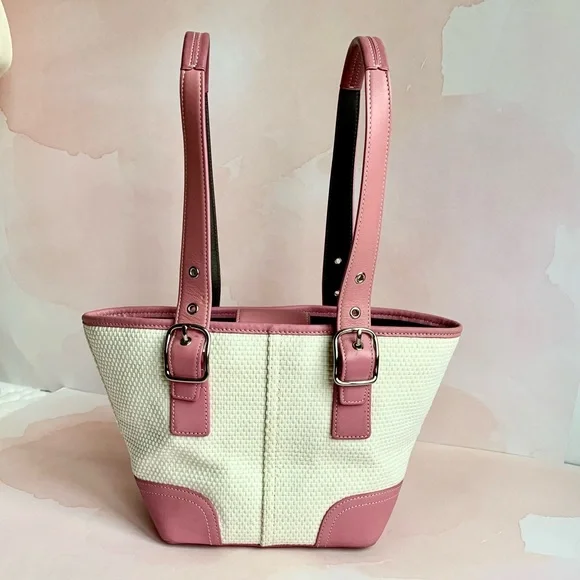 COACH Pink Tote Cream Woven Straw Handbag B04K4467 - Picture 3 of 8